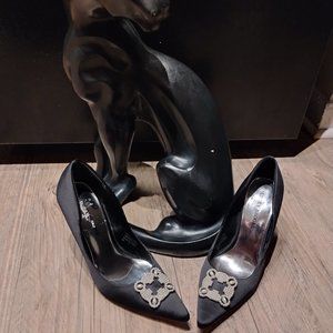 Black Satin Dressy Pumps with White Shoe design